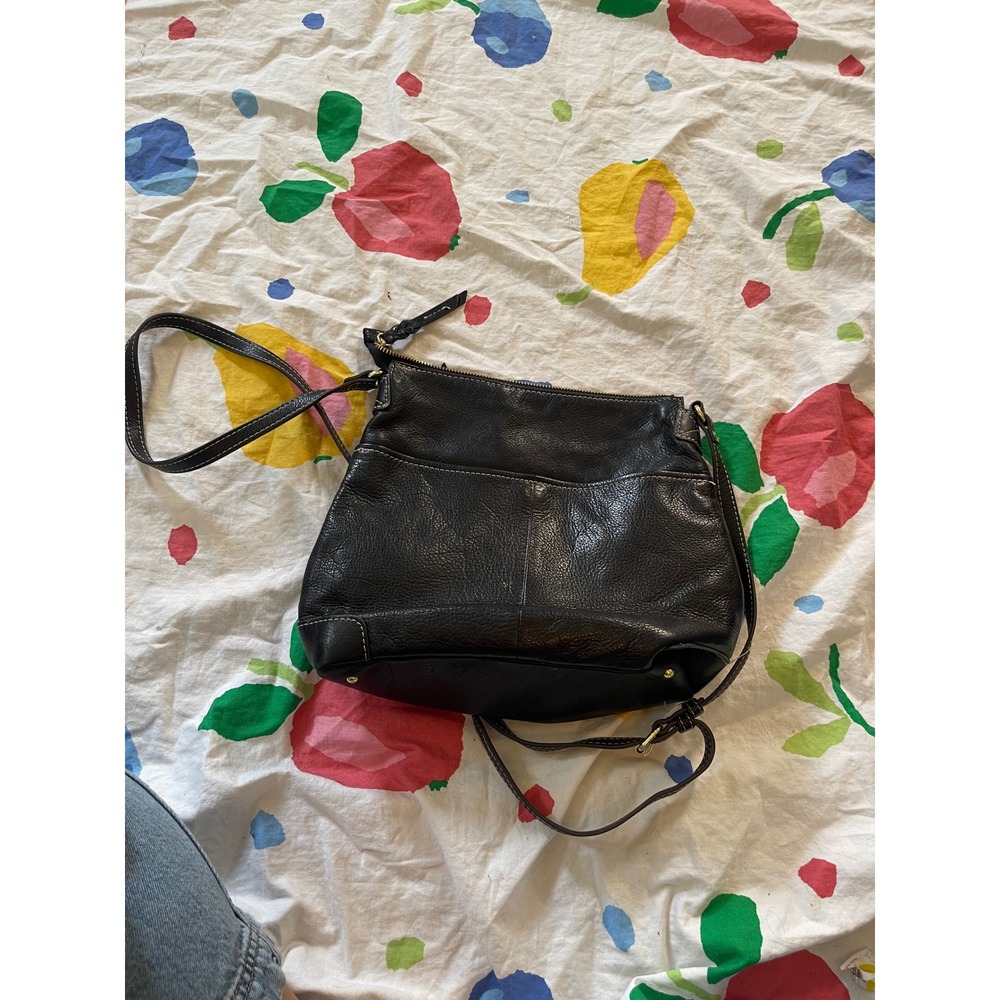 American Leather Co Black Pebbled Leather Crossbody Bag Striped Lining - Picture 2 of 6
